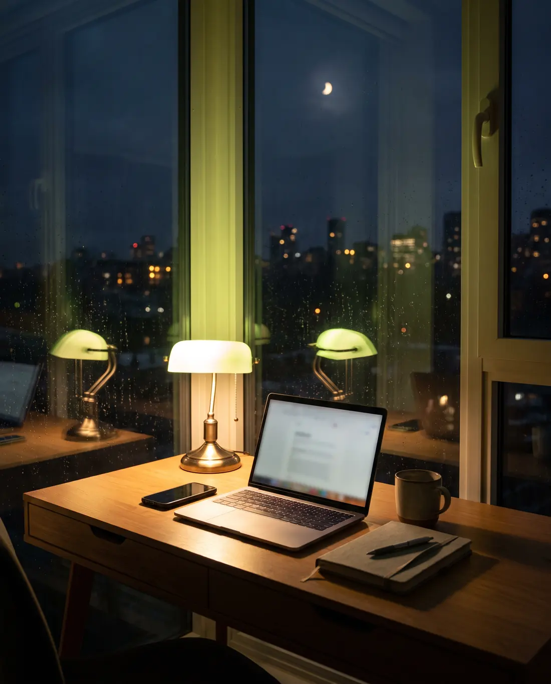 A desk by the window at night: a laptop, a phone, a mug and a lit lamp, with city lights outside.